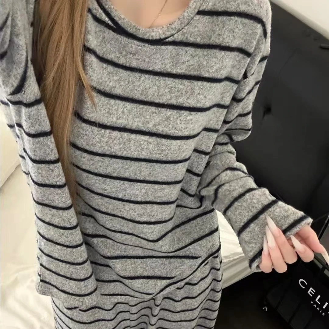 条纹德绒保暖睡衣女韩系简约甜美风春秋季长袖网红爆款家居服套装