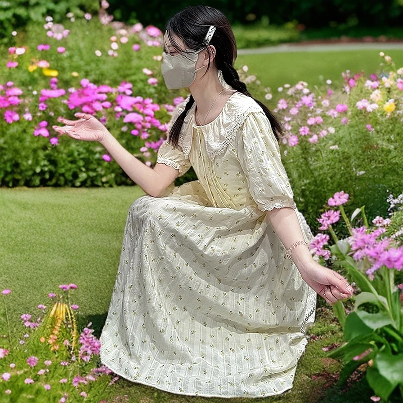 法式气质娃娃领连衣裙女夏季新款初高中学生小清新碎花收腰长裙子