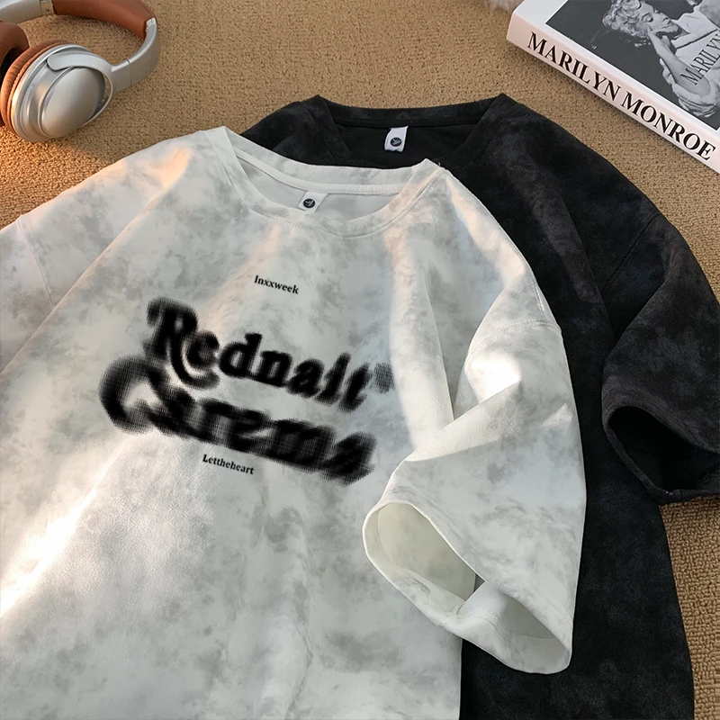 夏季短袖T恤男士高级感高街复古重磅美式新款上衣服潮牌印花扎染