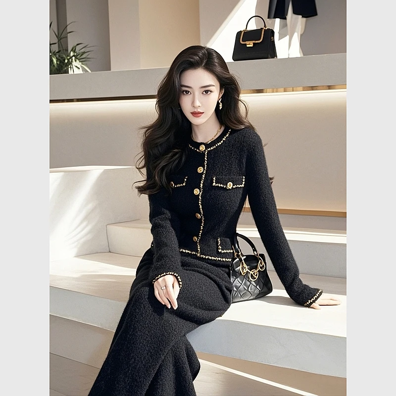 2024年冬季富家千金高级感气质名媛高端小香风黑色毛衣裤子套装女