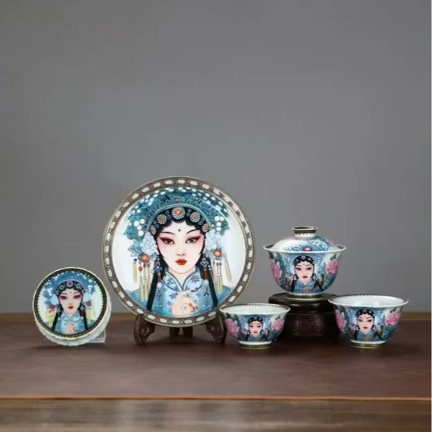 景德镇高温粉彩釉下描金人物国潮牡丹花旦茶具五件套手工高档家用