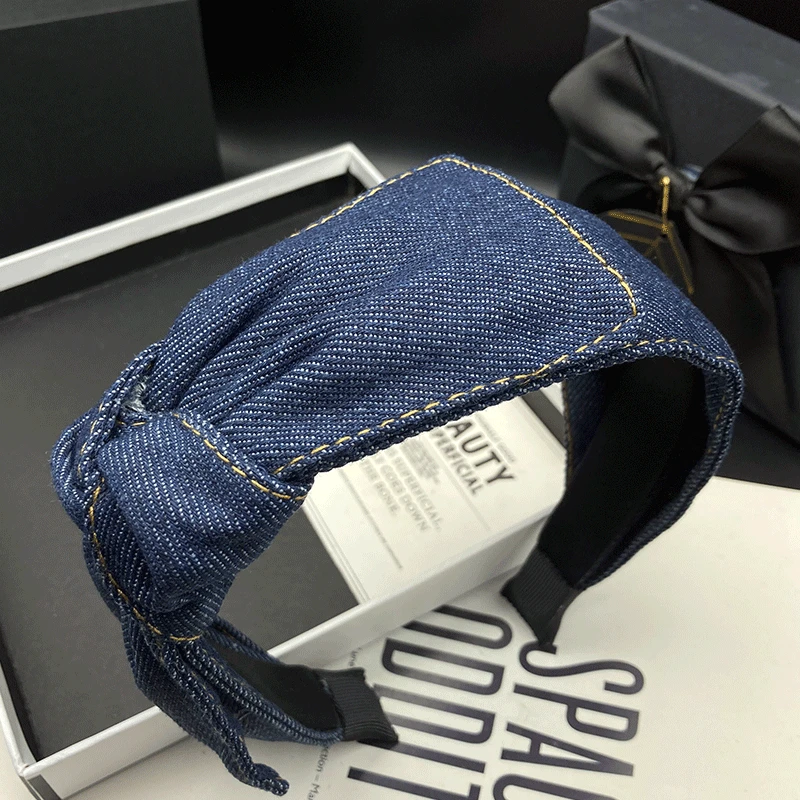 新款韩版休闲风复古港风极简风女士侧边蝴蝶结宽边牛仔发箍头箍