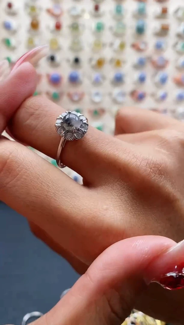 【闪购商品】翡翠戒指银S925镶嵌缅甸天然A货翡翠111 5+2