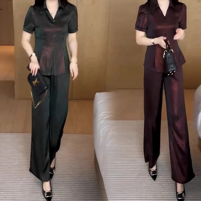 时尚冰丝套装女2025夏季新款洋气收腰显瘦短袖上衣阔腿裤两件套潮