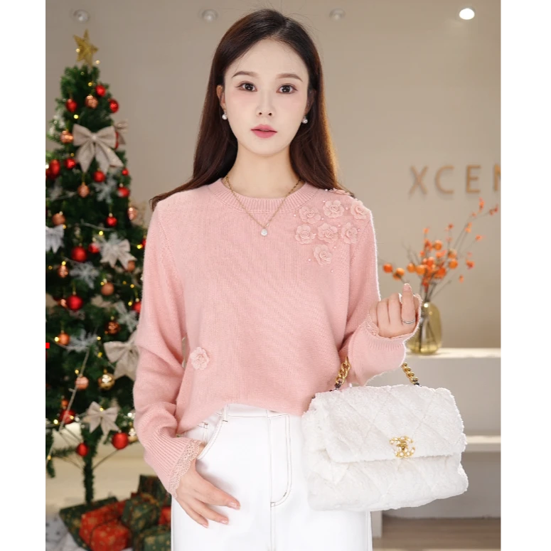 【新宸Xcenn】锦绣繁花！重工钉扣圆领套头毛衣女XC0A241221