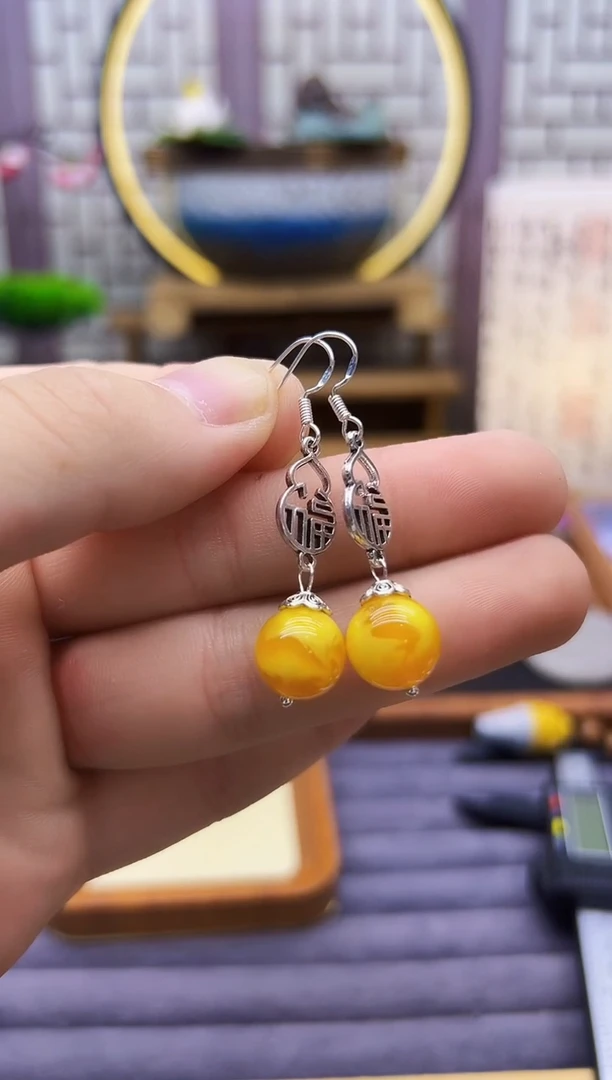 银S925镶嵌蜜蜡耳饰E57