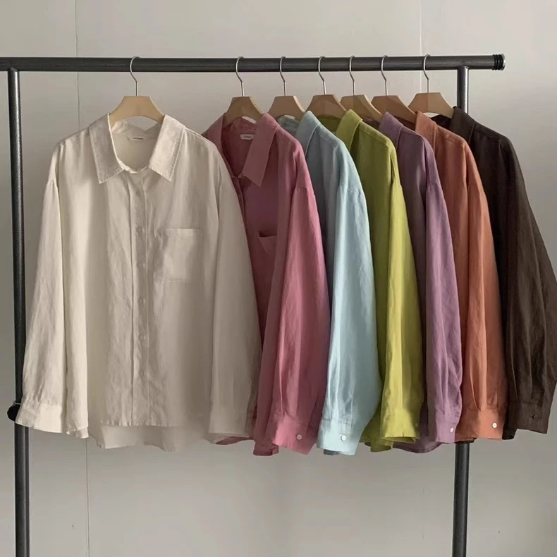 泡菜~东大门2025新款riveroom翻领百搭长袖麻料衬衫