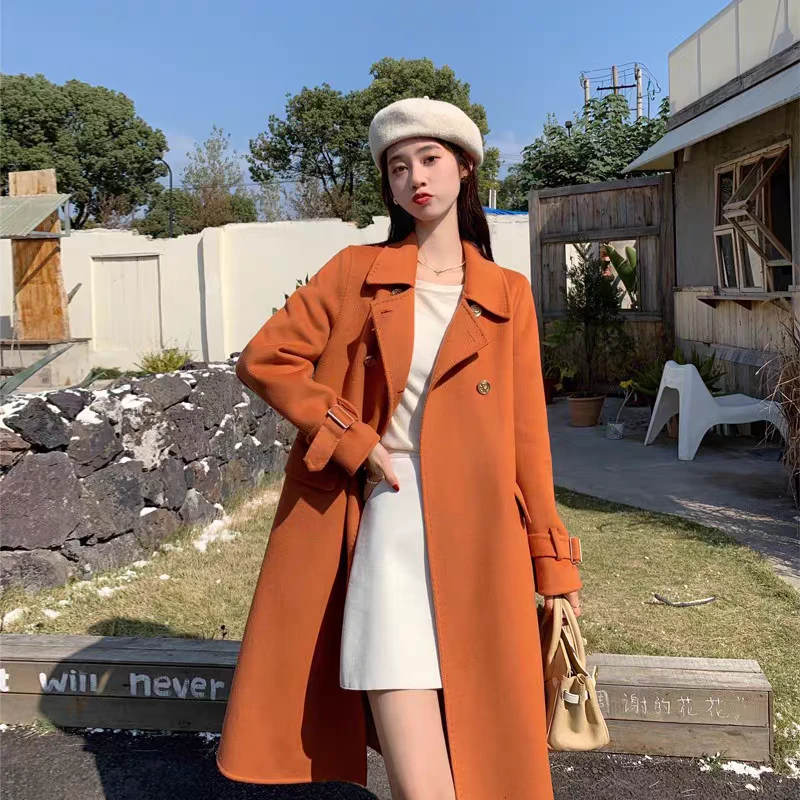 澳毛纯高支高密双面呢中长款系带女士时尚气质毛呢大衣