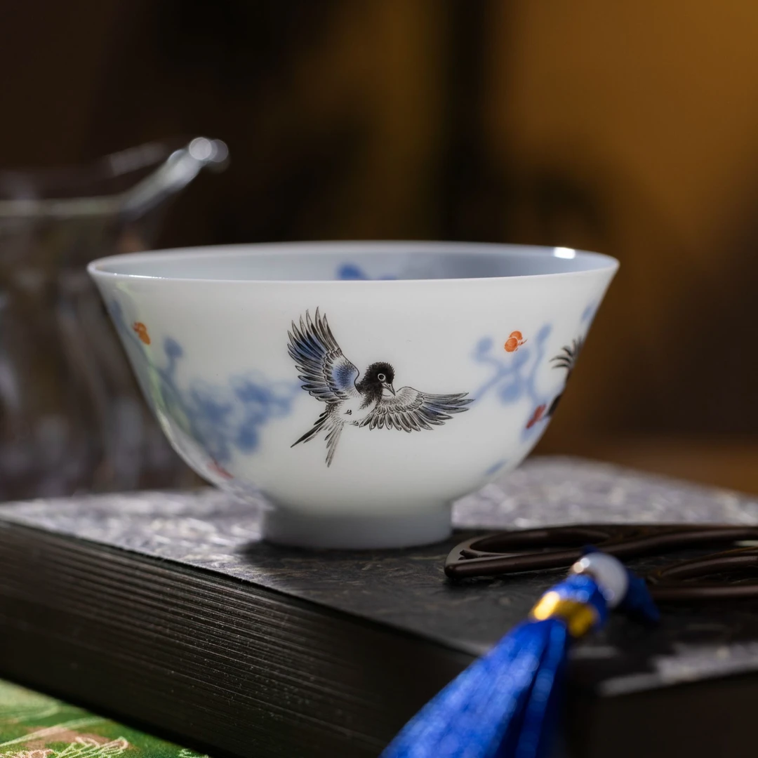 熊友根窑《喜上眉梢》薄胎杯手工陶瓷花纹主人杯描白金手绘