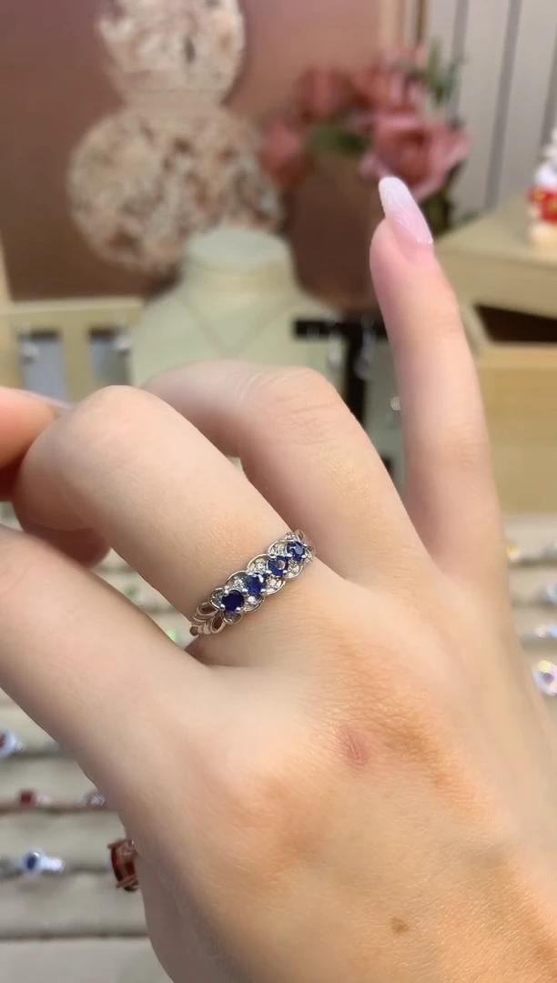戒指蓝宝石银S925镶嵌排戒