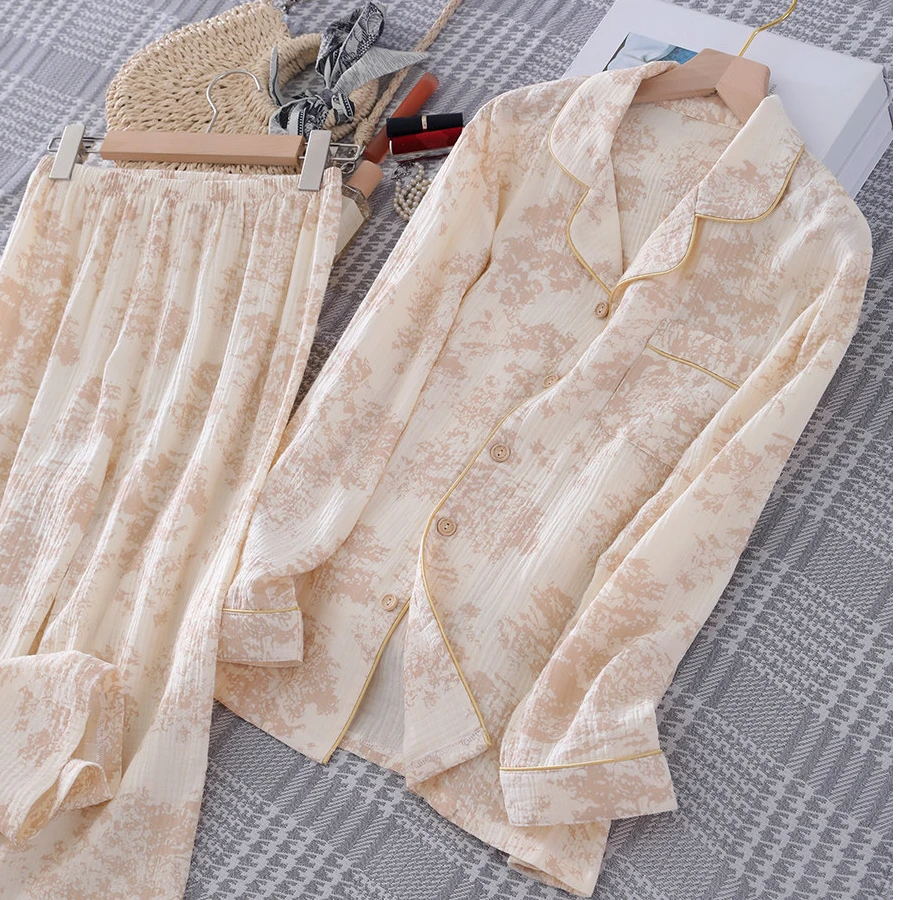 春秋水墨画纯棉睡衣女翻领亲肤舒适透气长袖翻领开衫家居服两件套