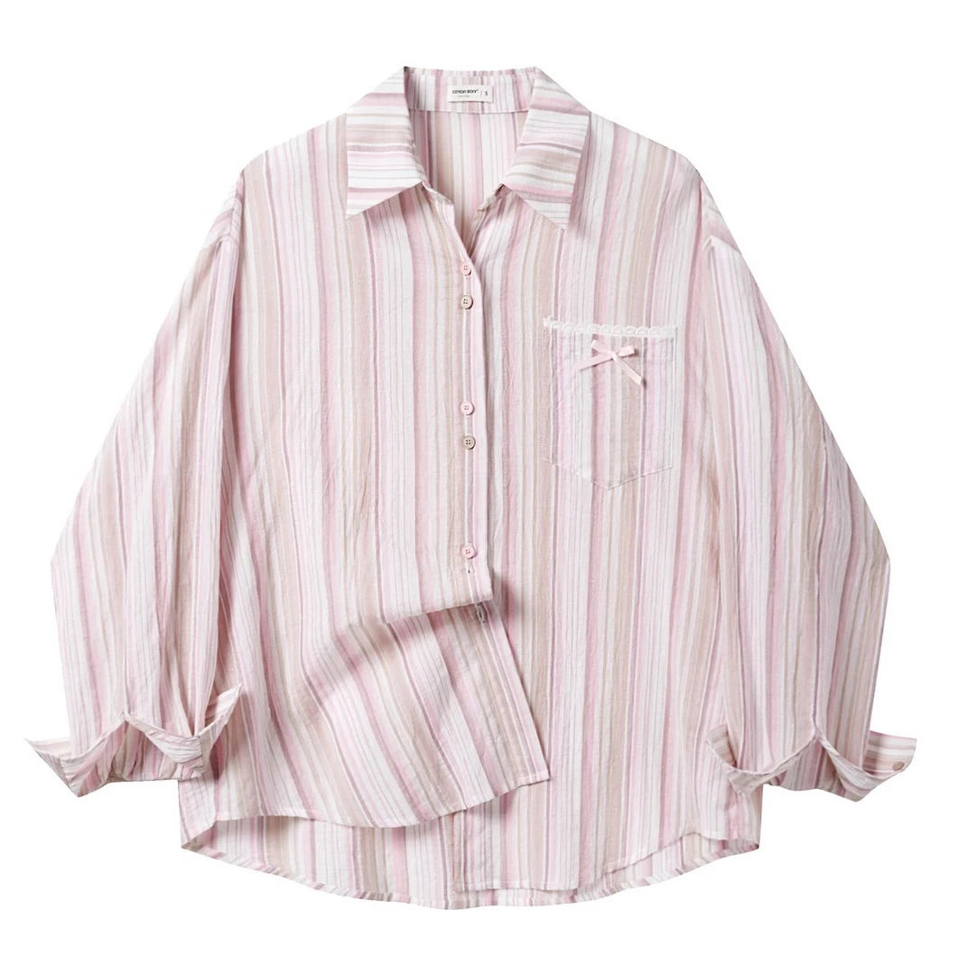 羊城故事-粉色竖条纹休闲衬衫女夏季氛围感遮肉百搭衬衣Y50449302