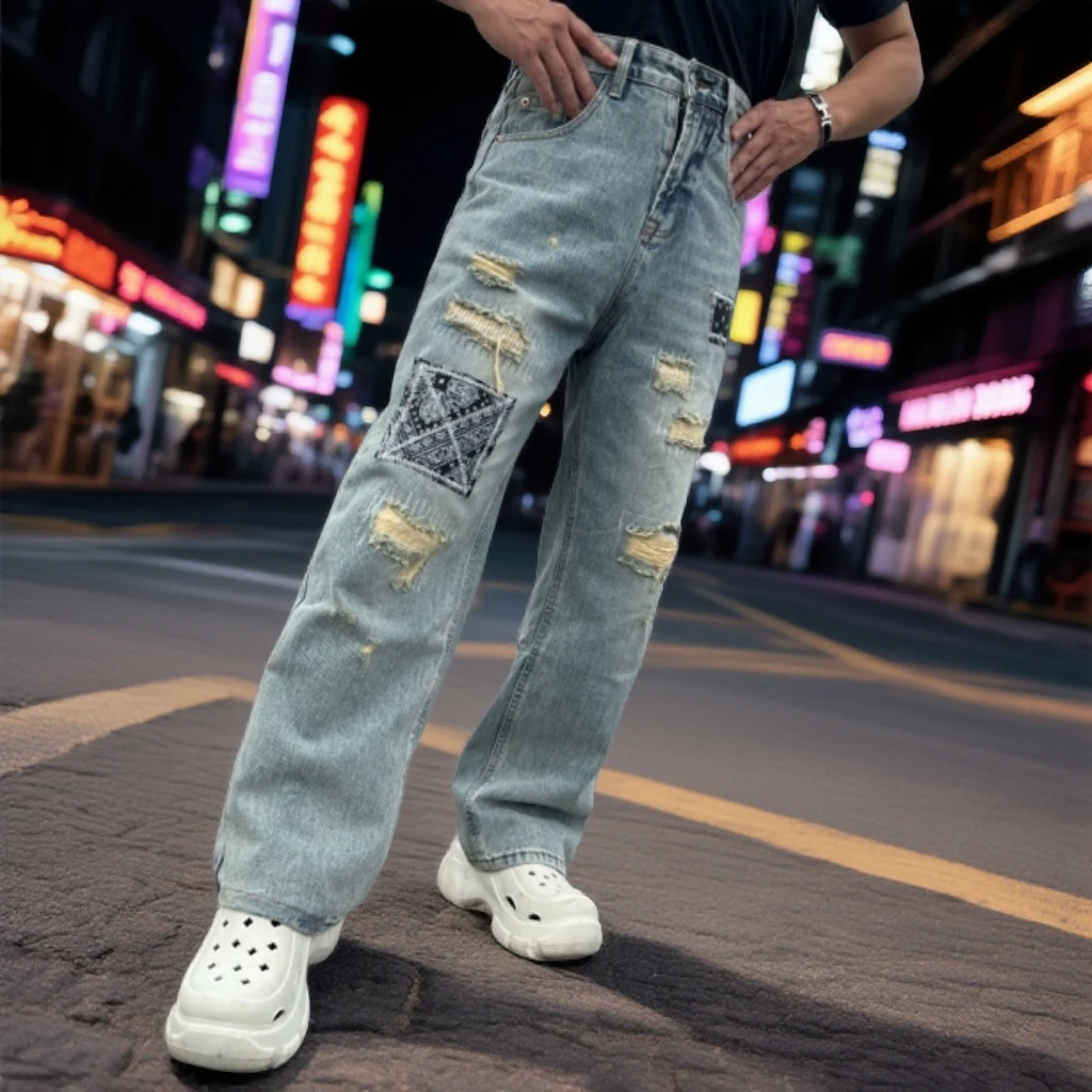 美式高街广州新塘牛仔百搭裤子新款裤子男款复古直筒宽松破洞修身