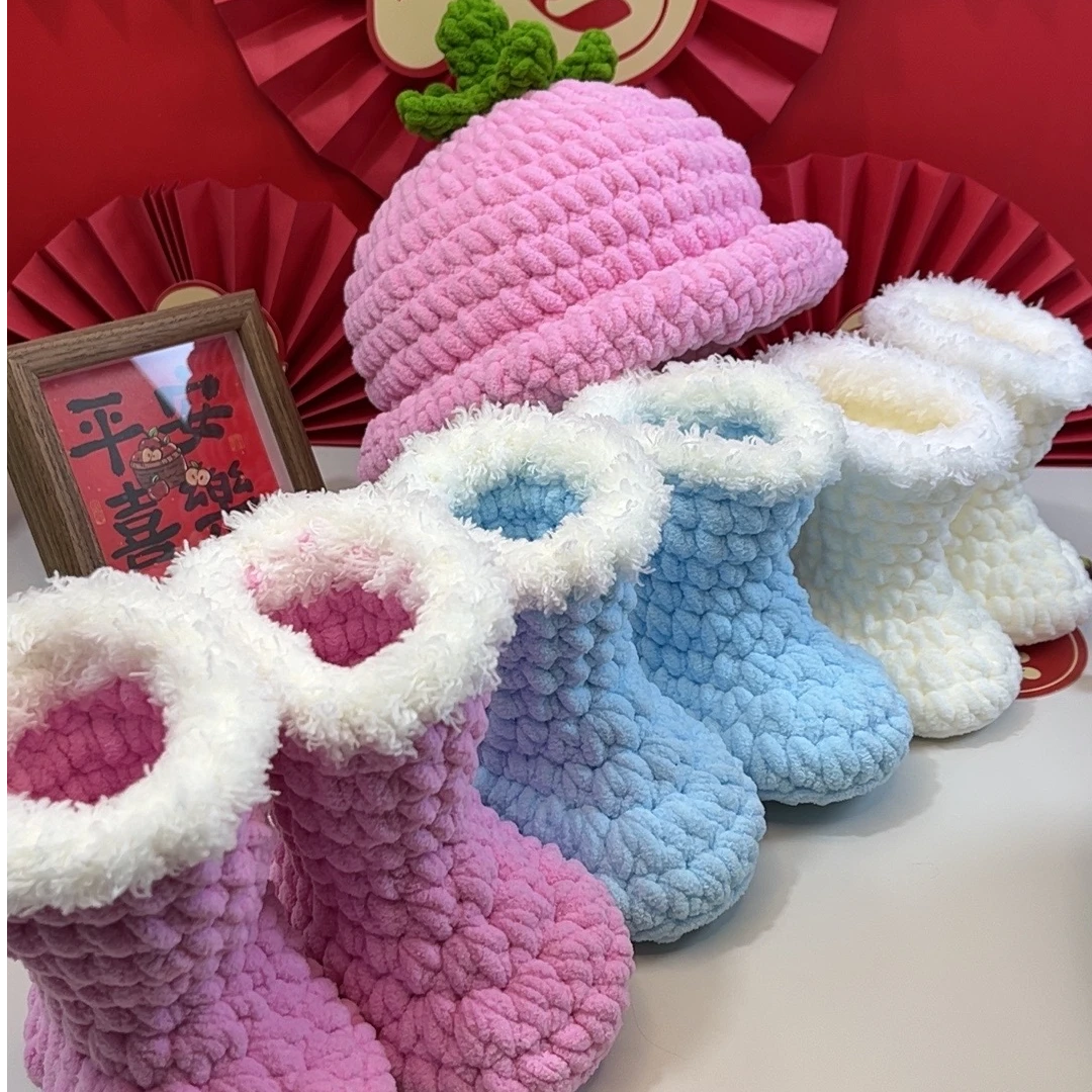 荔枝姐姐冬日保暖纯手工DIY可爱卡通草莓宝宝鞋帽材料包送视频