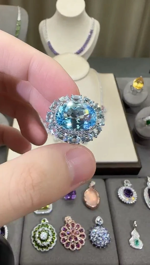 银S925镶嵌戒指托帕石10*14mm戒指高级款瑞士蓝