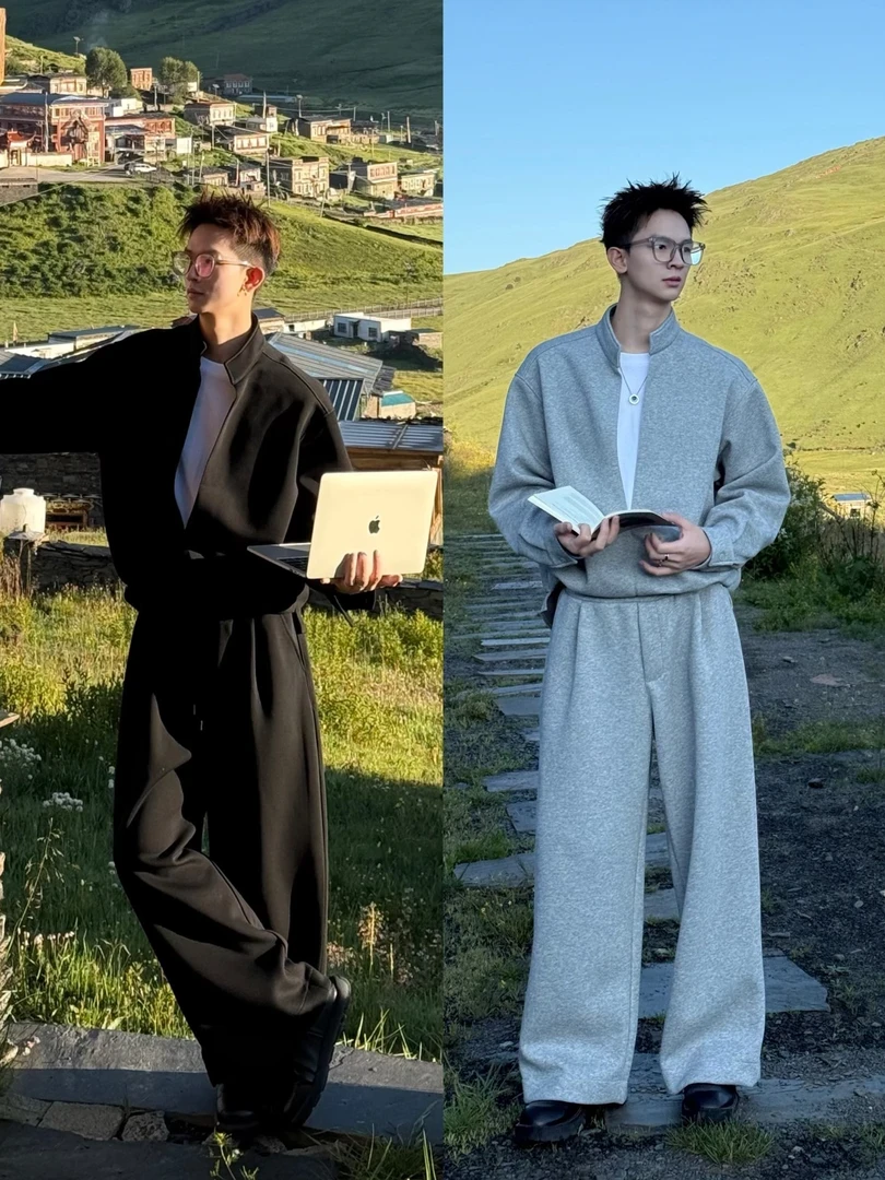 AYUN Studio 孙聖云简约大V领假两件加厚卫衣卫裤套装情侣ins韩系