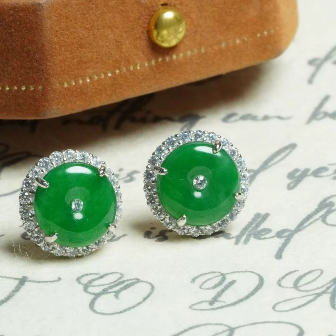 天然A货翡翠S925银苹果绿平安扣气质时尚精致百搭耳钉  10mm