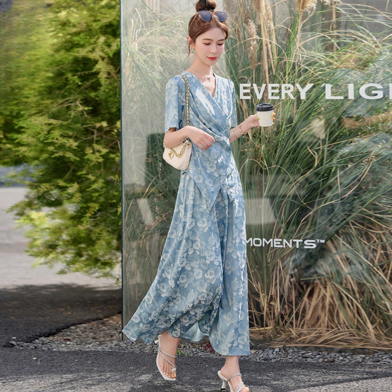 2025夏新款法式设计感气质优雅V领绑带上衣复古提花半身裙套装女