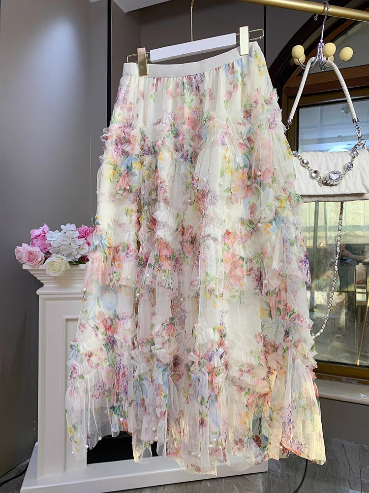 【崔】B0078 复古花边拼接钉珠彩色裙网纱蛋糕半身长裙