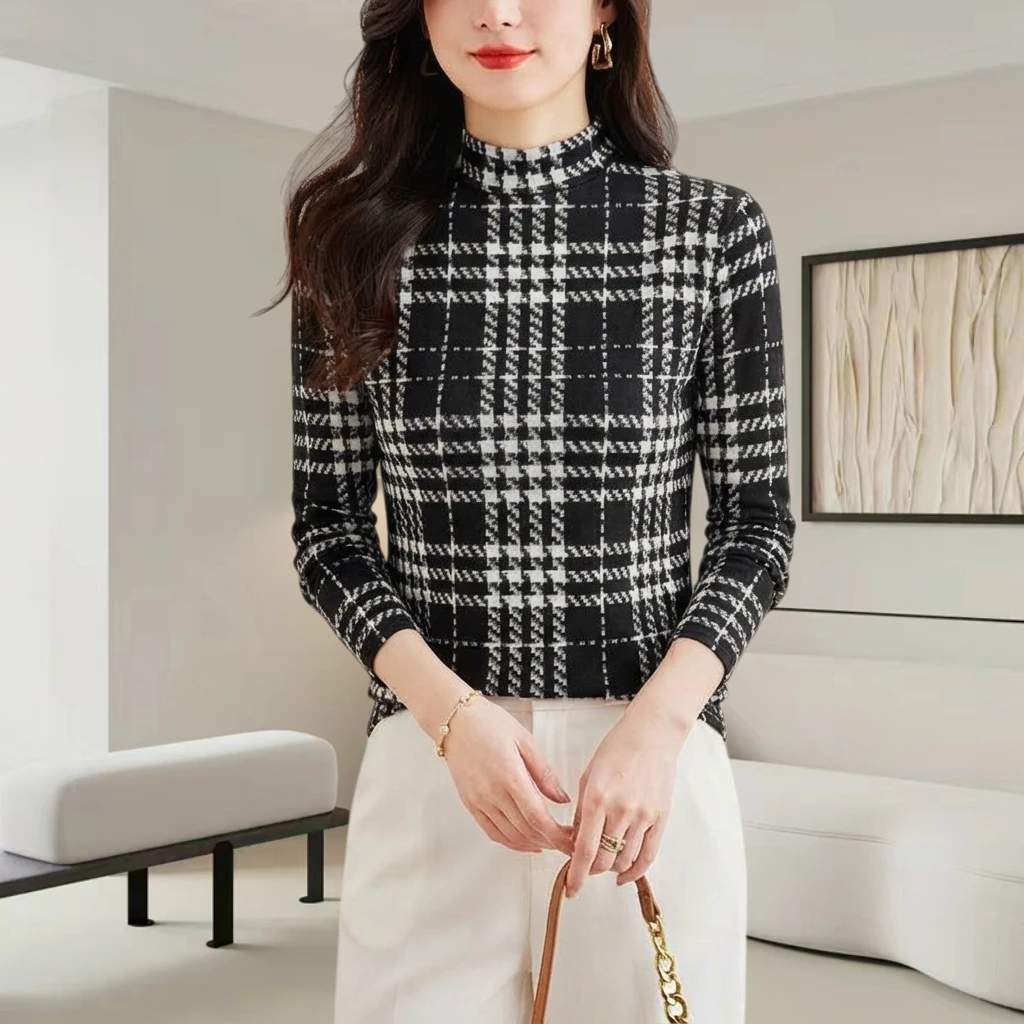2025秋冬新款女法式格纹半高领T恤打底衫时髦高级感内搭长袖上衣