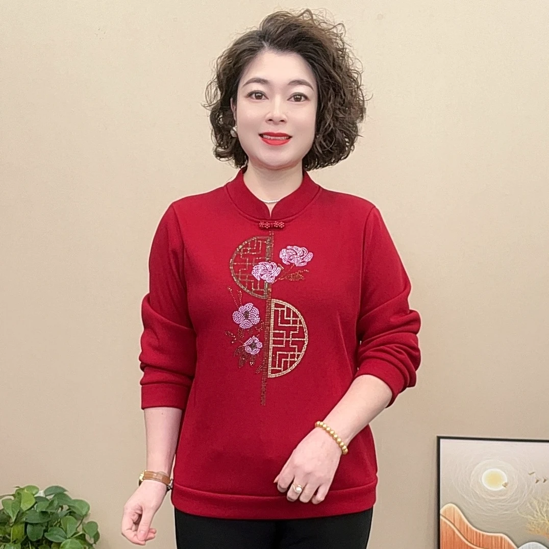 2025春季新款新中式国风加绒保暖烫钻显瘦百搭洋气妈妈装长袖上衣