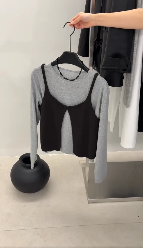 2025早秋穿搭吊带背心长袖T恤女打底衫设计感小众小个子显瘦上衣