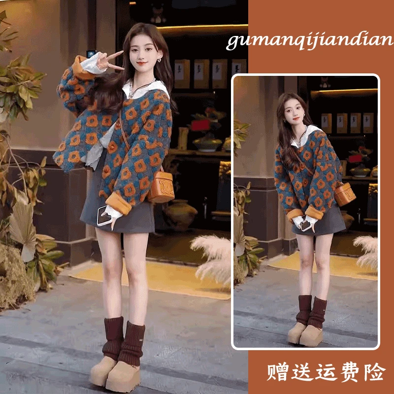 冬季穿搭一整套高级感时尚花朵棉服外套女高腰显瘦A字半身裙套装