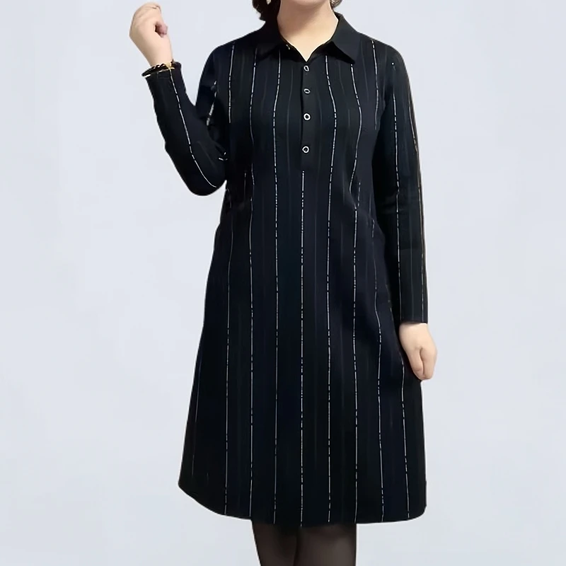 连衣裙女时尚舒适中年妈妈装2025春季新款洋气竖条纹中长款打底裙