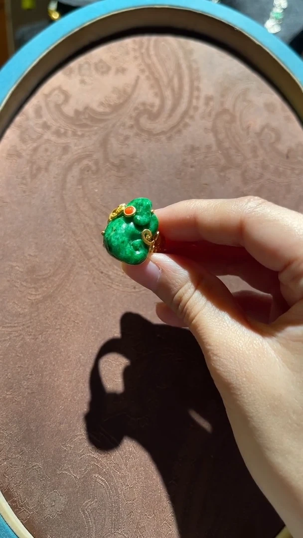 银S925镀金镶嵌戒指翡翠红翡绿翠