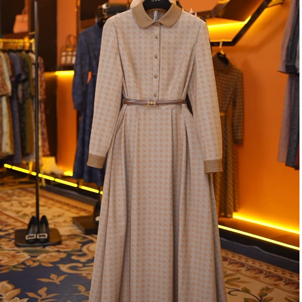 【赫尔温】设计款咖色千鸟格时尚收腰显瘦连衣裙DHZZR52890