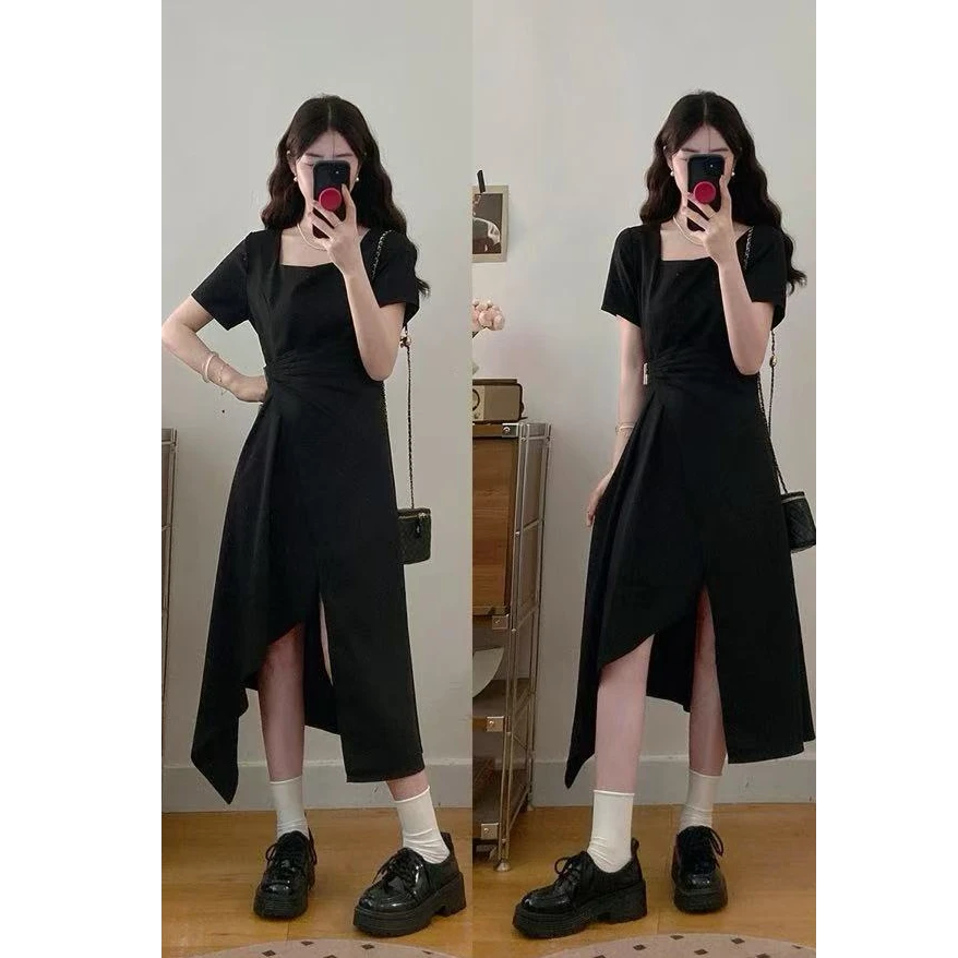 2025大码女装显瘦方领斜纹收腰A字连衣裙胖MM显藏肉瘦连衣裙1612