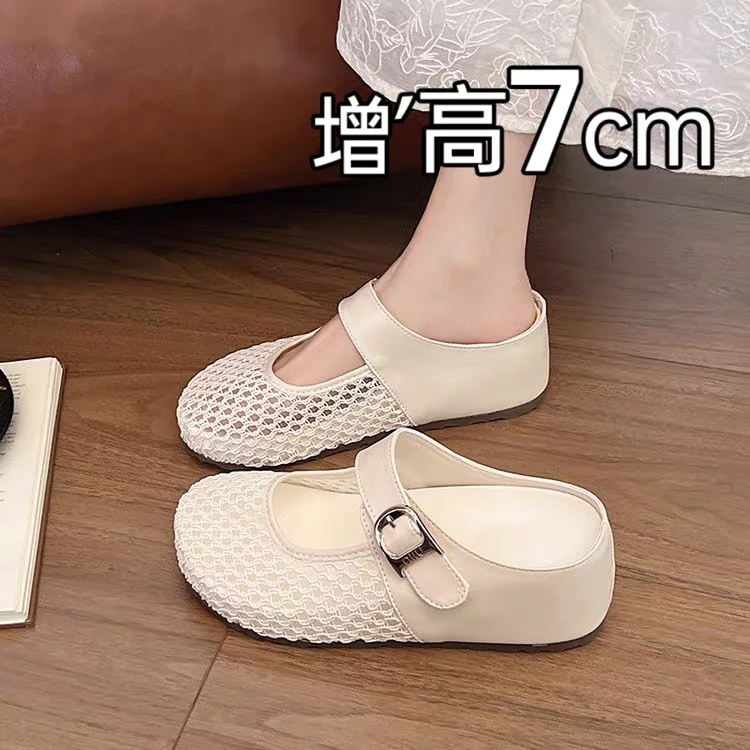 内增高7cm镂空包头半拖鞋女夏季外穿2025款一脚蹬网面透气凉拖鞋