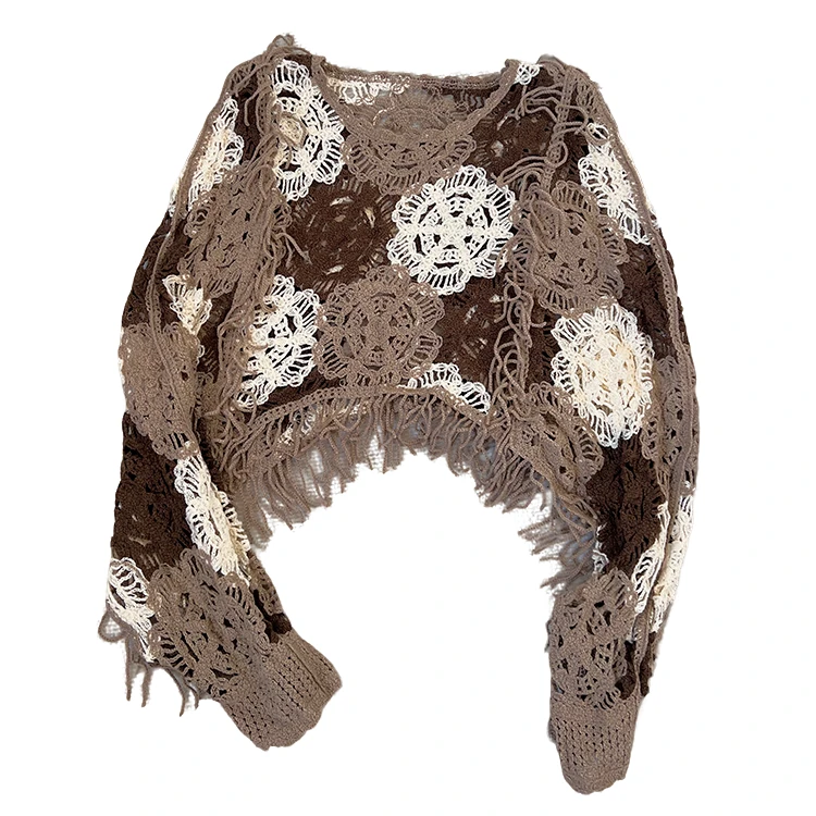 【佳文定制】2124镂空针织衫拼色流苏毛衣上衣