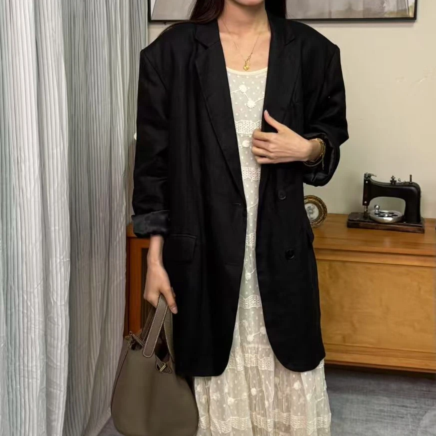 摩登 纯麻 宽松加长西服外套