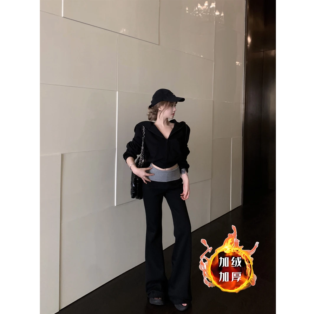 秋冬时尚撞色微喇叭裤两件套加绒加厚套装慵懒连帽长袖卫衣外套女