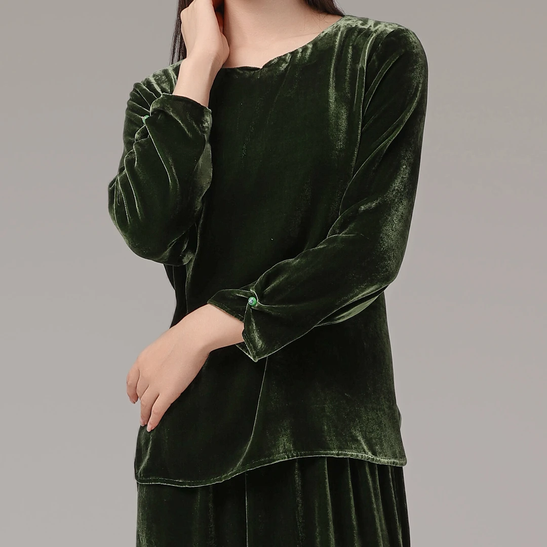 新品丝绒桑蚕丝上衣衬衫长袖纯色宽松气质纯色绿色 1388