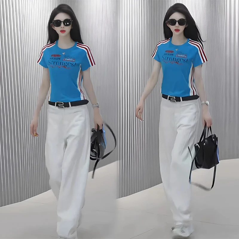 夏日穿搭一整套欧货时尚网红炸街高级感蓝色T恤短袖直筒裤套装女