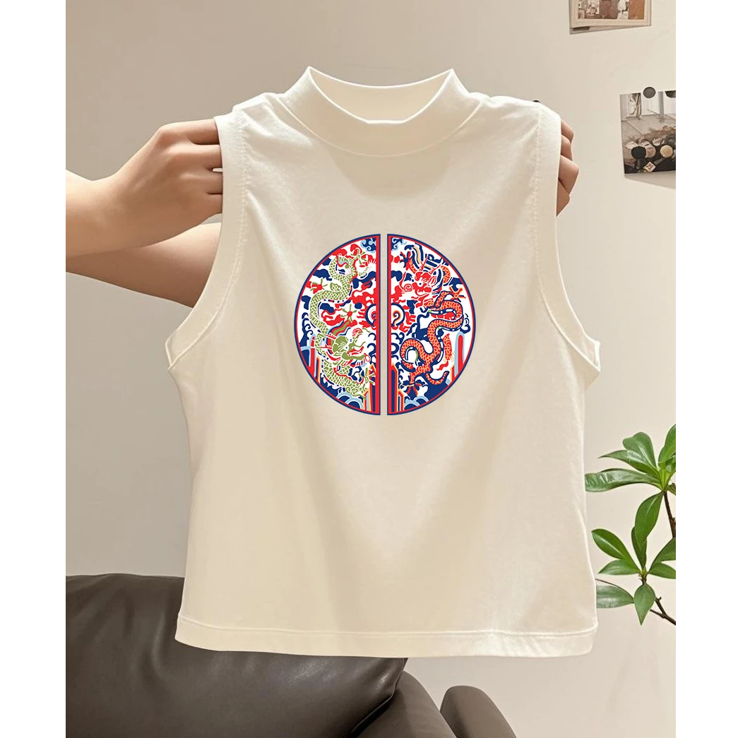 白色半高领坎肩背心女夏季新款纯棉修身显瘦遮副乳印花百搭上衣潮