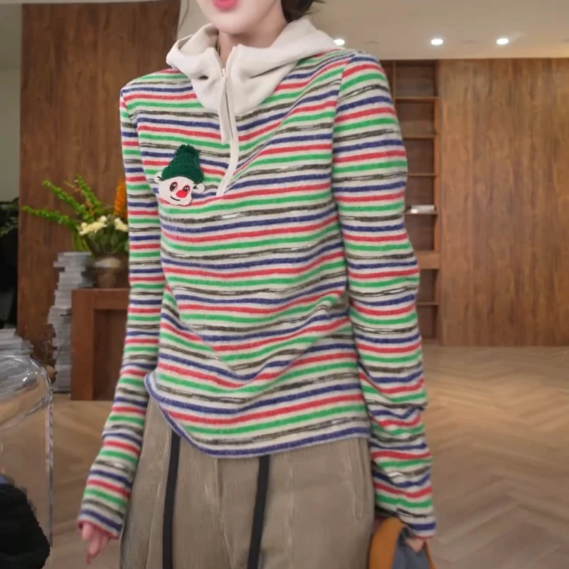 秋冬高级感小丑条纹轻奢气质百搭显瘦连帽卫衣LK2508326