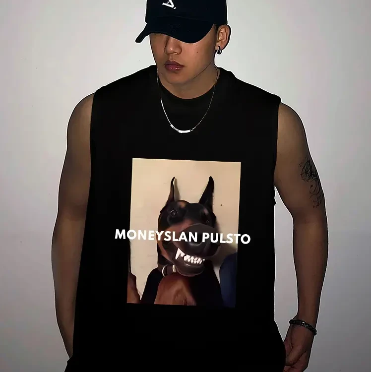 夏季潮牌美式高街无袖t恤男新款杜宾犬印花宽松运动休闲坎肩背心