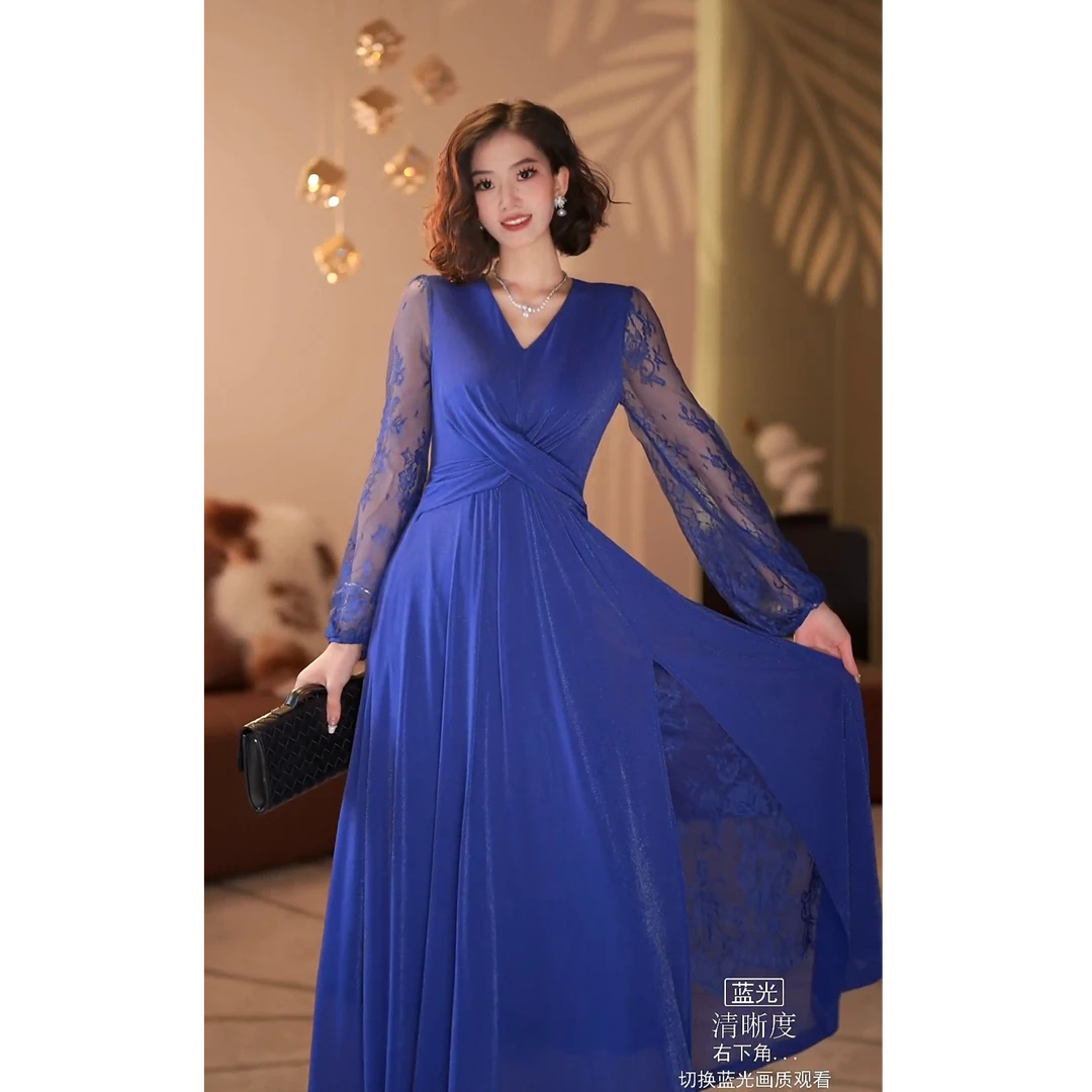 【梦琳】蓝色华尔兹 法式赫本风气质显瘦修身连衣裙-YL11566