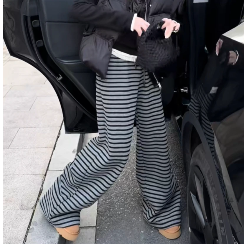 爆款条纹休闲裤女装2025春季高腰显瘦显高气质宽松拖地裤阔腿裤
