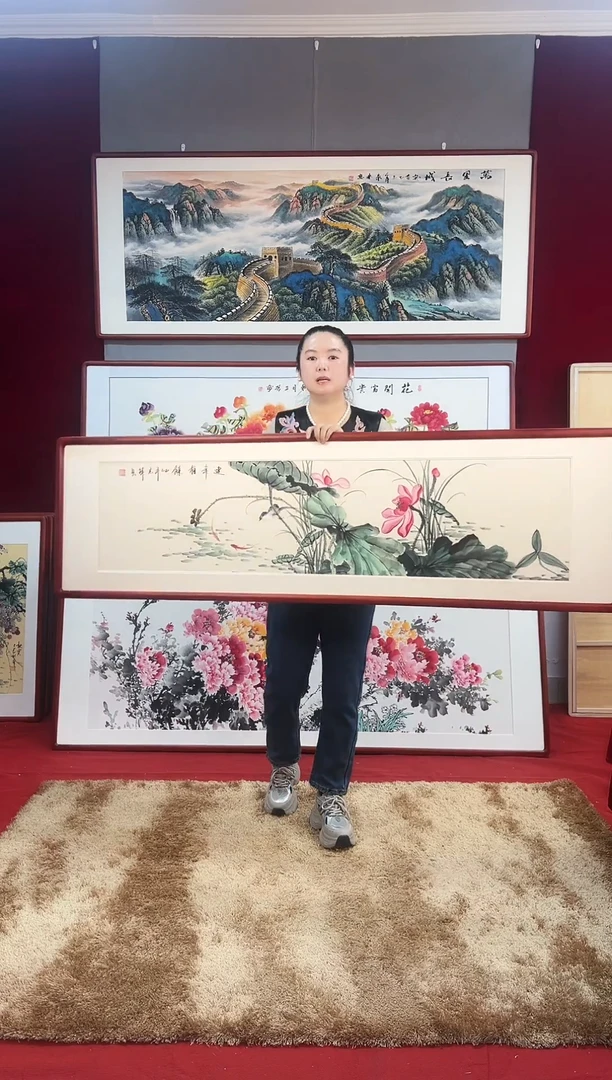 国画手绘荷花163*48尺寸