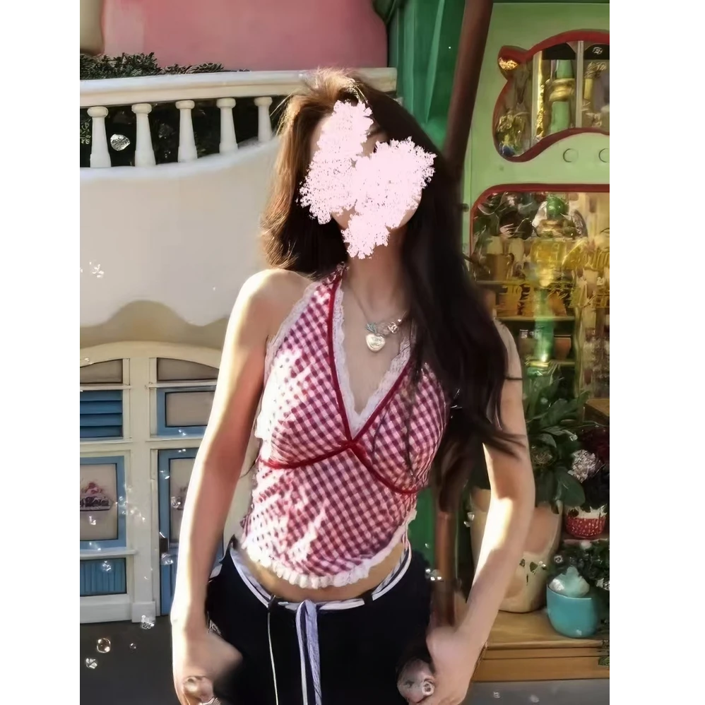 Not define性感辣妹蕾丝花边挂脖吊带背心女春季纯欲修身短款上衣