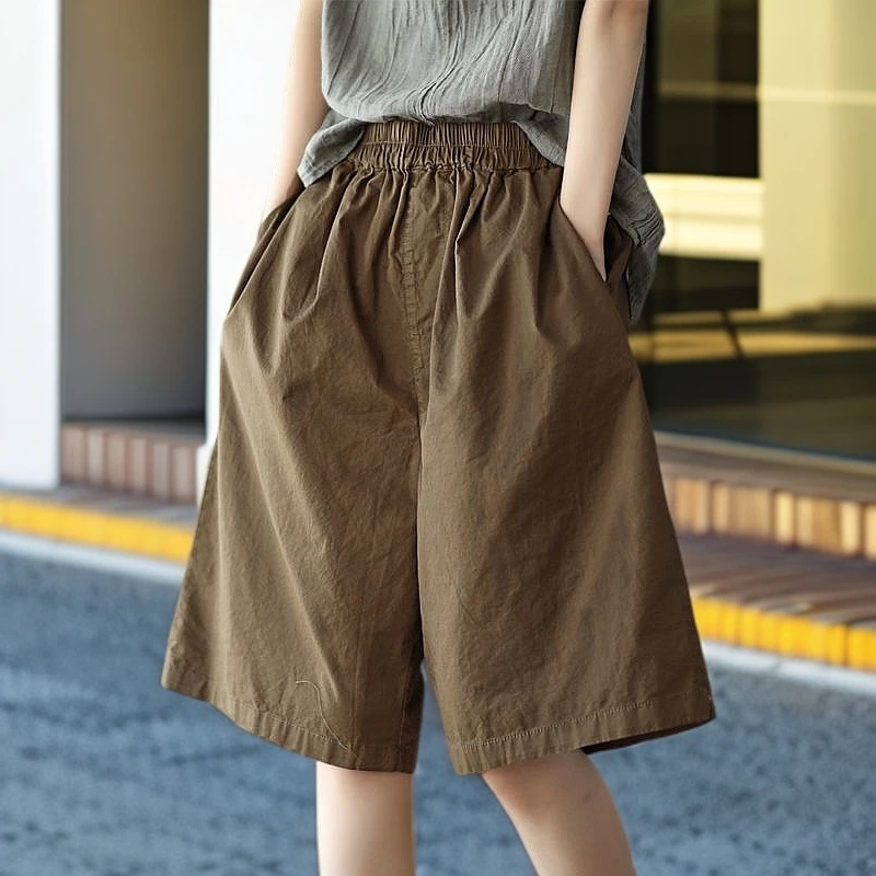 夏季新款韩版宽松女士纯棉松紧腰文艺阔腿休闲舒适百搭五分中裤