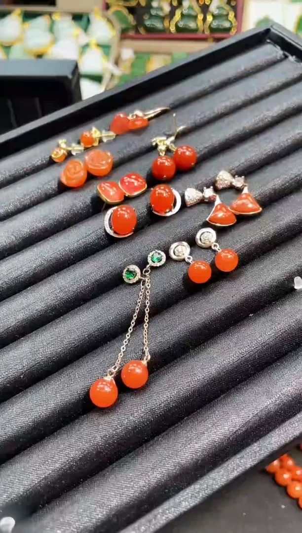 南红玛瑙耳环银S925镶嵌多样性发一