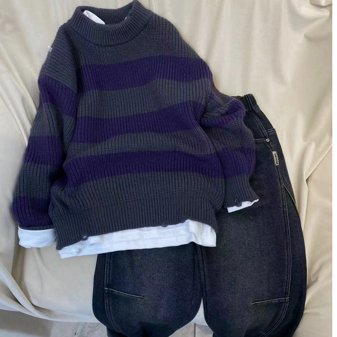 2025中大童撞色割破做旧粗纱条纹毛衣MCT129