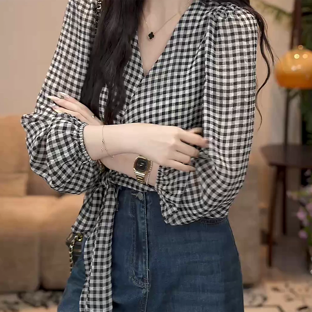 【竹摇碎影】高级感绑带收腰长袖格子衬衫女秋季C5862