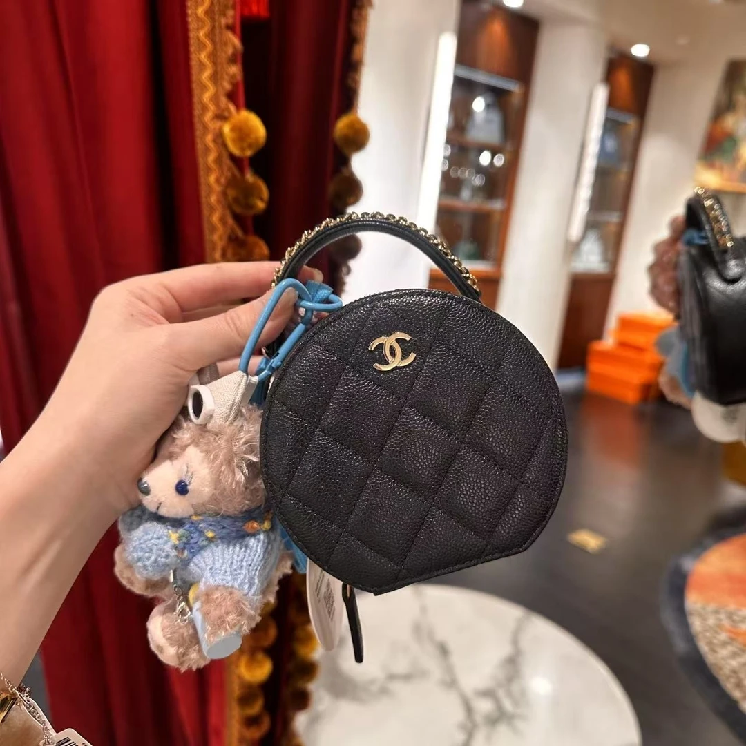 99新 Chanel/香奈儿 手提圆饼黑金荔枝牛皮/单肩包/28281603