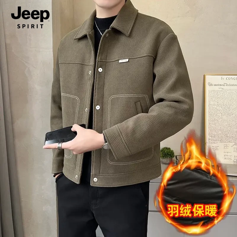 吉普冬季毛呢羽绒服90白鸭绒男装韩版商务休闲加厚保暖翻领羽绒服